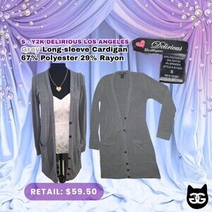 Delirious Los Angeles Grey Long Sleeve Cardigan Size S Y2K Soft Knit Pockets